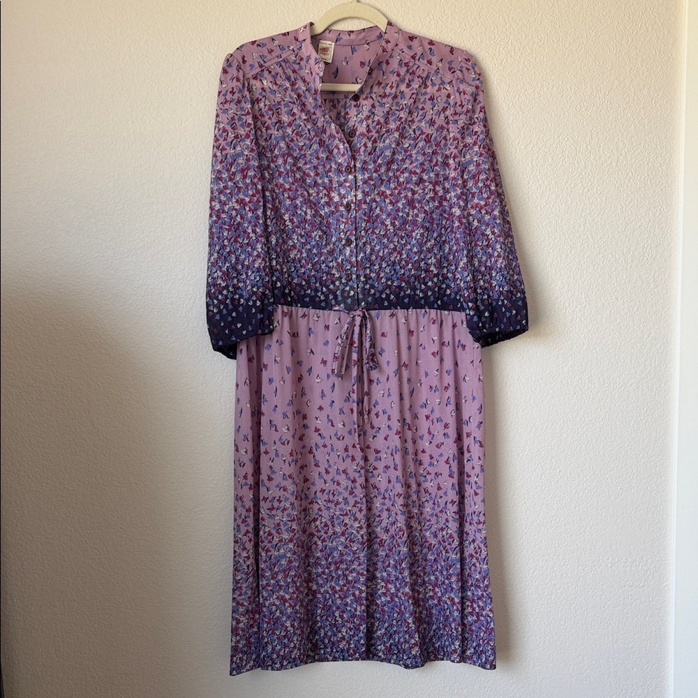 Vintage ILGWU Union Made Lavender Floral Button Front Midi Dress USA Sz 14